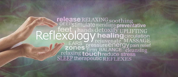 Reflexology Descriptive Word Tag Cloud Banner Female Cupped Hands Word Royalty Free Stock Images