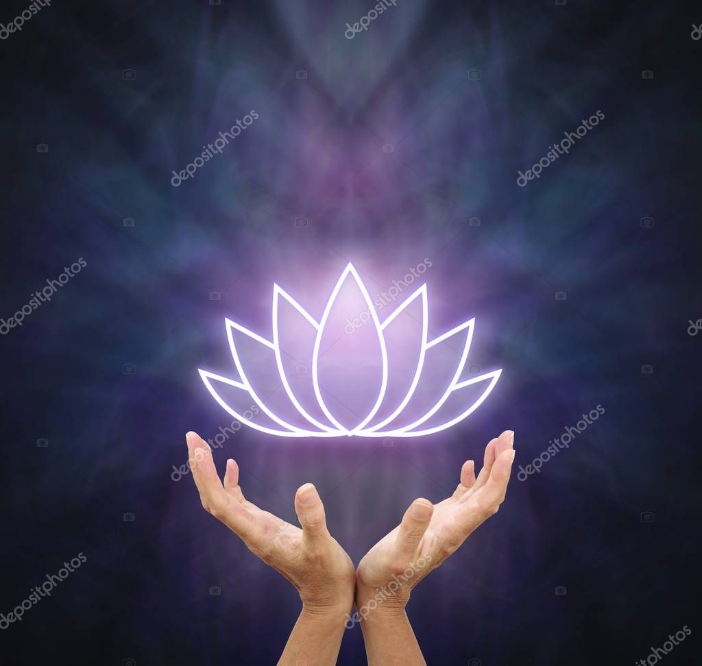 Symbolic Lotus healing Energy - female hands reaching up and open with a glowing white lotus flower symbol above against a dark blue and purple background with copy space