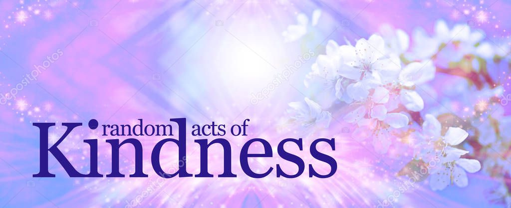 Random Acts of Kindness background - a pink and blue sparkly diamond shaped background with faded tree blossom and the words RANDOM ACTS OF KINDNESS with copy space above