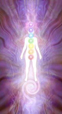 Kundalini çakra siluet diyagramı - beyaz kadın siluet yedi Çakralar ve ayak altından yükselen kundalini sarmal bir pembe enerji oluşumu zemin üzerine 