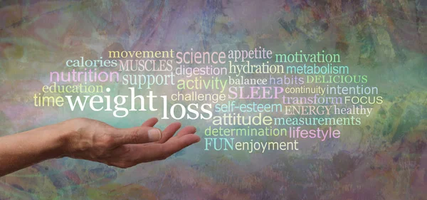 Mots Associés Weight Loss Tag Cloud Main Féminine Avec Paume — Photo