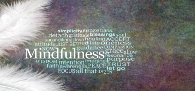 Melek Mindfulness Word Cloud rustik Banner - iki beyaz tüyler bir Mindfulness ile kelime bulutu karanlık bir taş karşı renkli rustik grunge arka plan etkisi