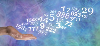Consult a Numerologist and learn about your personal NUMBERS - male open palm with a stream of random numbers flowing upwards on a blue green purple wispy smokey background  clipart