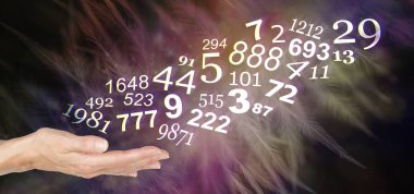Consult a Numerologist and learn about your personal NUMBERS - female open palm with a stream of random numbers flowing upwards on a warm dark feather background  clipart