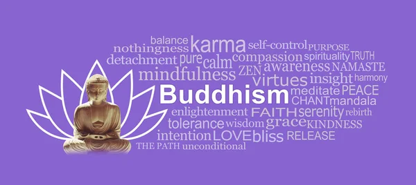Buddyzm Lotus Symbol Słowo Tag Cloud Buddy Pozycji Siedzącej Symbolem — Zdjęcie stockowe