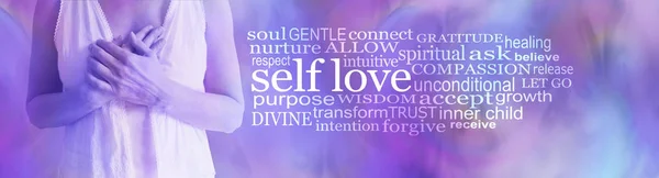 Self love word cloud - female torso holding hands over heart against a pink purple background with a SELF LOVE word cloud to the right side