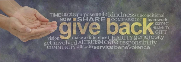 Gratitude Give Back Word Cloud - campaign banner with female cupped hands on left and a GIVE BACK word cloud  on right against a rustic dark stone effect background