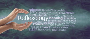 Reflexology Therapy Word Tag Cloud Banner - female cupped hands with the word REFLEXOLOGY floating between surrounded by a relevant word tag cloud on a deep marine green flowing background clipart
