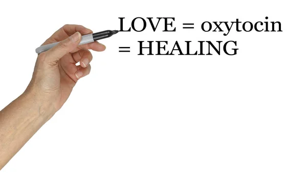 Amor Igual Oxitocina Igual Concepto Curación Mano Que Sostiene Pluma — Foto de Stock