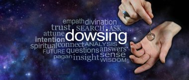 Dowsing with a crystal pendulum word cloud banner - female hand holding a clear quartz crystal dowsing pendulum over hand on a wide cosmic dark night sky background with a DOWSING word cloud on left side clipart