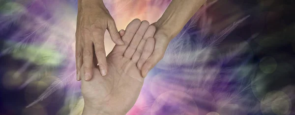 Palmistry Website Banner Mãos Femininas Segurando Explorando Mão Aberta Masculina — Fotografia de Stock