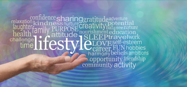 Lifestyle word tag cloud - female hand palm facing up with the word LIFESTYLE floating above surrounded by a relevant positive word tag cloud against a blue purple water ripple bokeh background