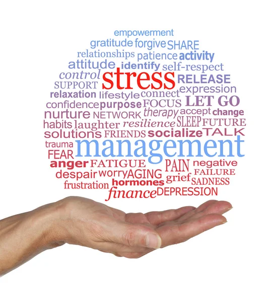 Brast Stress Management Bubbla Medvetenhet Ordet Molnet Kvinnliga Öppen Handflata — Stockfoto