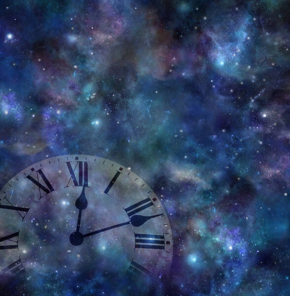   Time and space background - faint clock face merging with dark night sky background with many stars, planets, clouds and colours                             