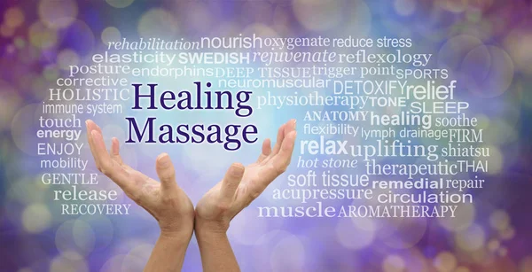 Healing Massage Word Cloud Mains Féminines Atteignant Les Mots Healing — Photo