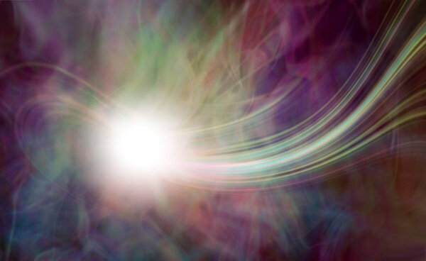 Великолепный Феномен Сферы Энергии - яркий белый шар со следом разноцветного лазерного света на ярко-фиолетовом и зеленом энергетическом фоне, изображающем духовную сущность
