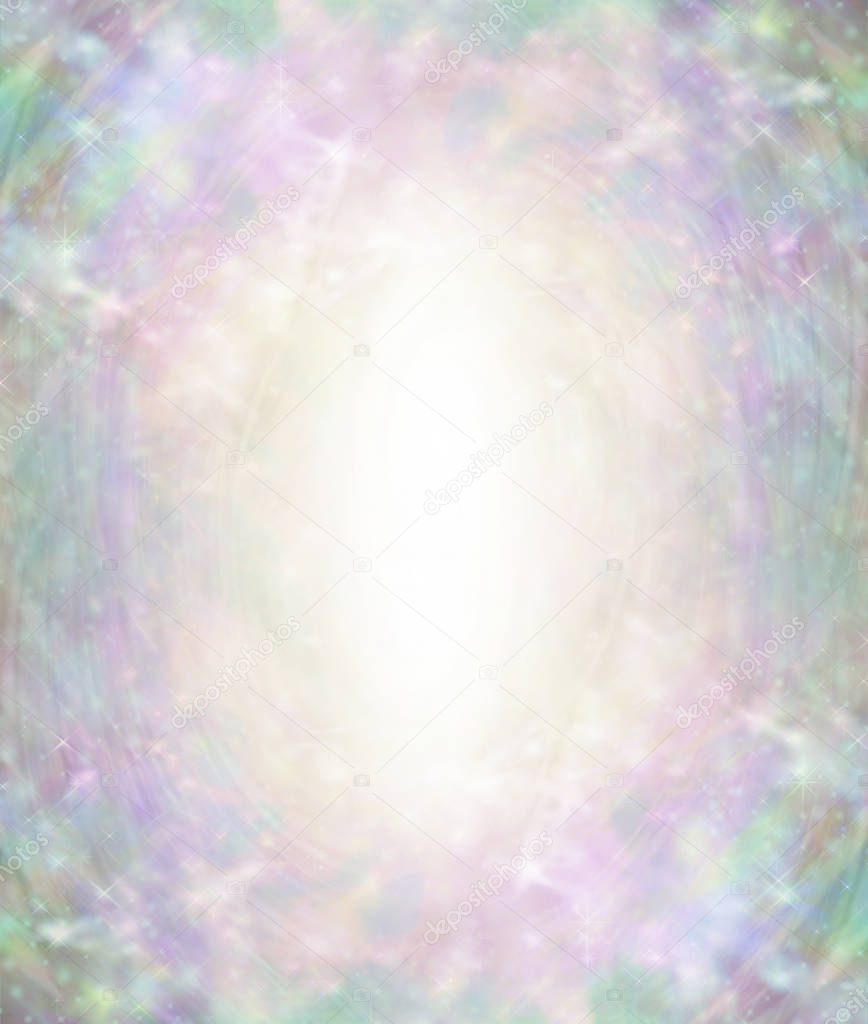 Beautiful Angelic Ethereal Light Burst Background - oval pale gold central light surrounded by pastel green pink blue colours with flecks of light and an ethereal angelic feel             