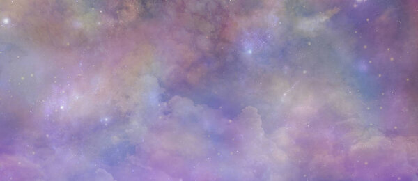 Angelic Ethereal Starry Night Sky Background -  Pink and purple coloured deep space banner background  with many different stars, planets and cloud formations