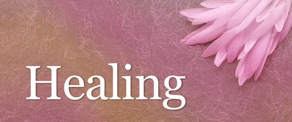 Angel Healing Feather Banner Head - a pile of long white feathers in right corner laid on a pink handmade fibrous paper background with the word Healing below