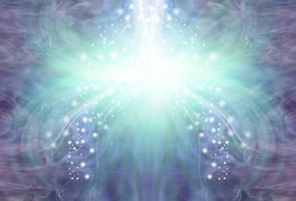 Cooling stream of purple jade energy background - symmetrical pattern of ethereal blue wispy energy and sparkles with a white light burst and copy space                              