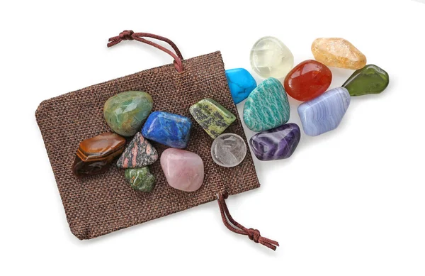 Bolsa Preciosa Crystal Healer Pedras Coloridas Uma Seleção Pedras Tombadas — Fotografia de Stock