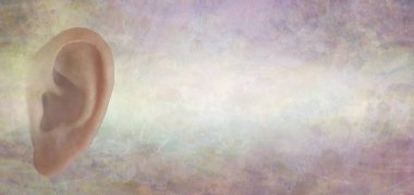 Kulak anatomisi rustik arka plan afiş - kopya alanı ile geniş pastel grunge çerçevede bir tek kadın yan görünümü kulağından kesmek