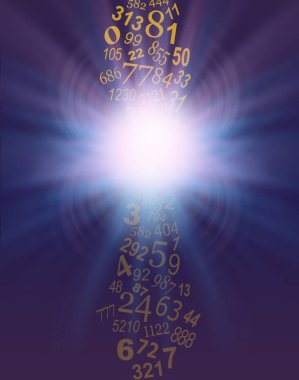 The flow of numbers in your life is constant - a bright light burst with a cascade of random numbers flowing from above to below the light with copy space in the middle clipart
