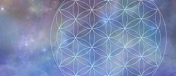Celestial Flower of Life Background Banner - Cosmic blue outer space background with a partial flower of life symbol superimposed over the top