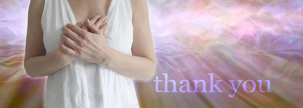 Thank You All Heart Female White Clothing Holding Both Hands — Stock Photo, Image