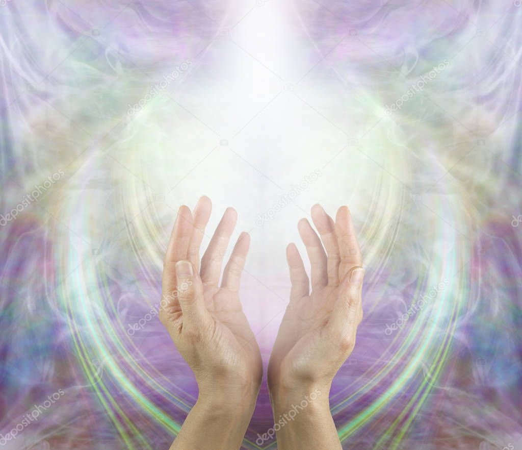 Ask Believe Receive in the Power of Love - female with hands reaching up into a white light against a beautiful angelic ethereal cup shaped background and copy space above