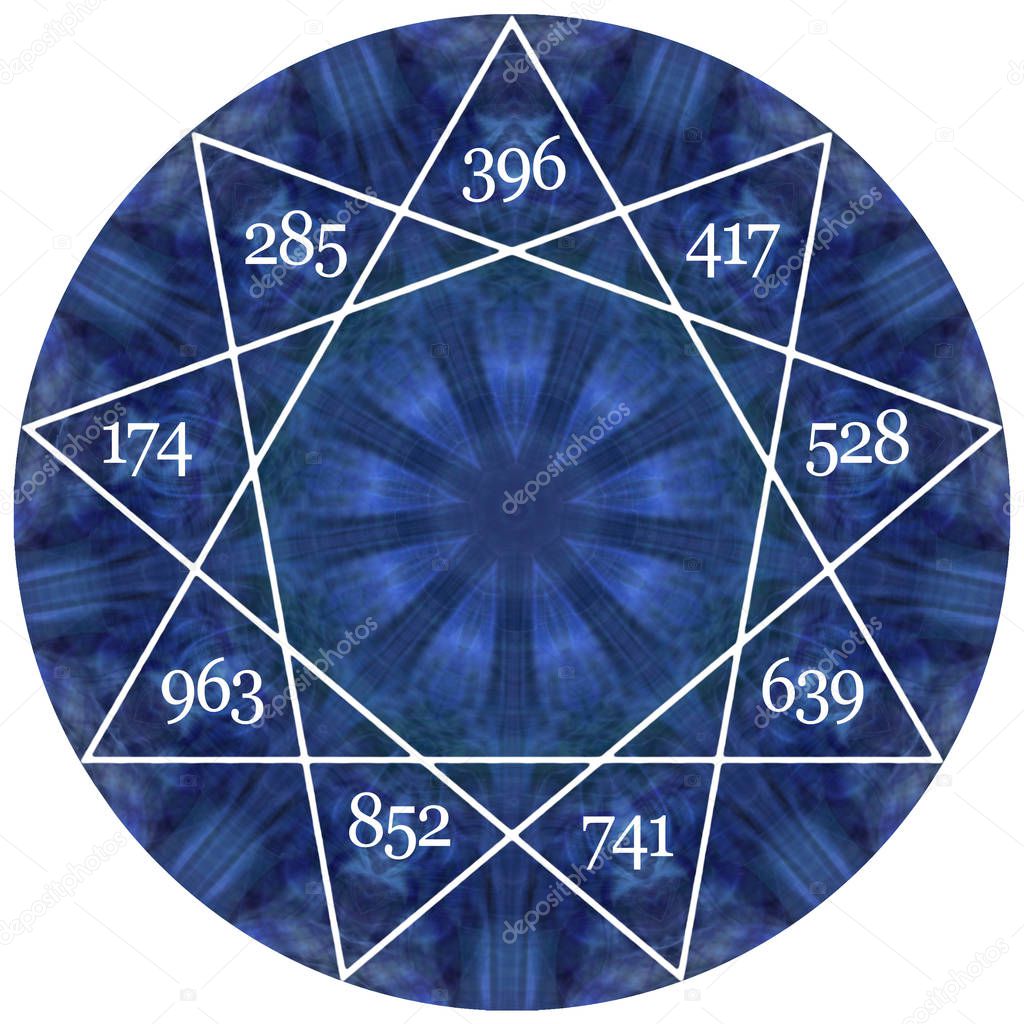 The Nine Solfeggio healing frequencies - located in a nine pointed star in a blue circle are the 9 ancient sacred solfeggio tones 