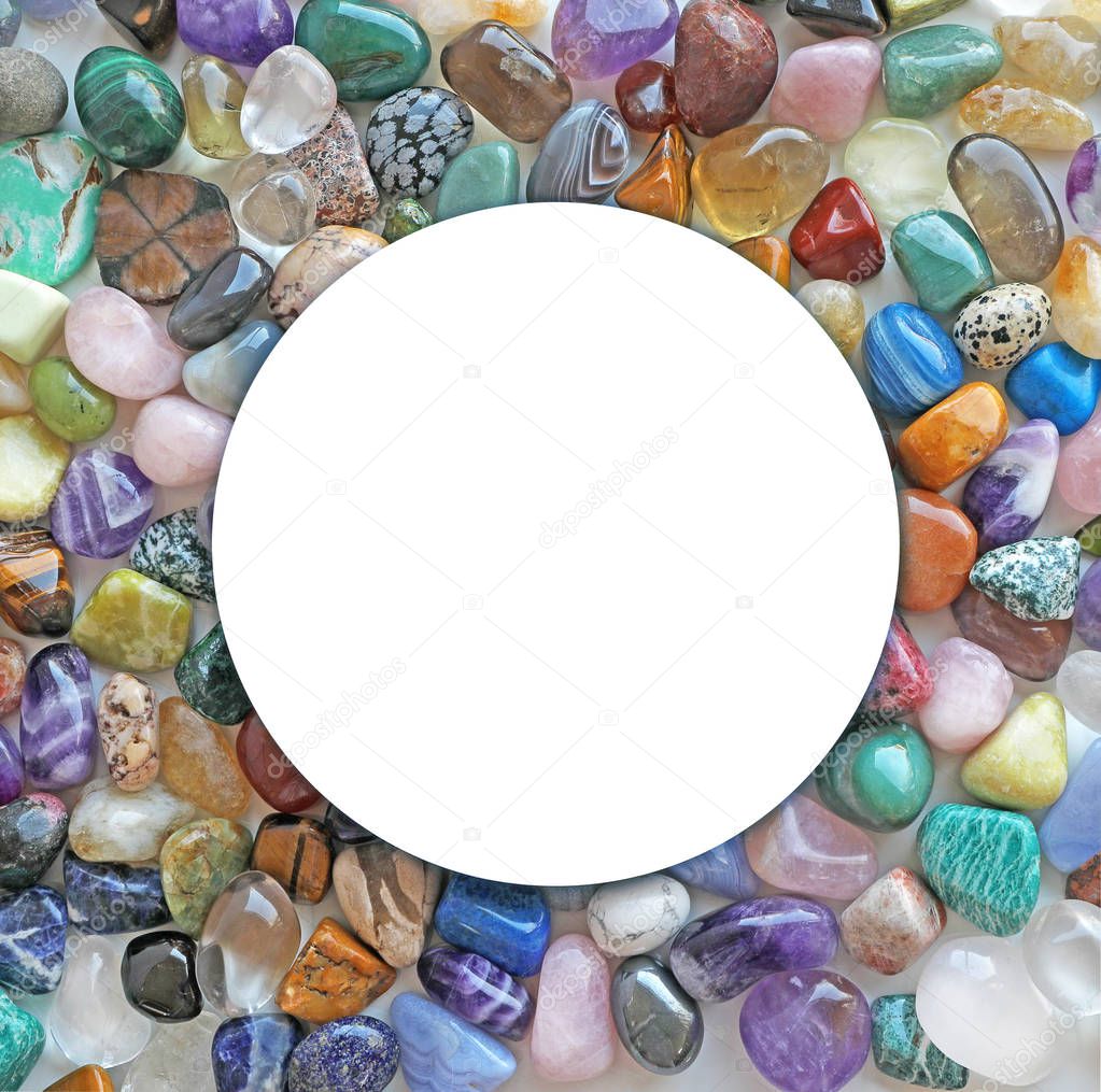 Crystal Circle Border - Sharp edged empty white circle frame surrounded by  multicoloured tumbled healing stones 