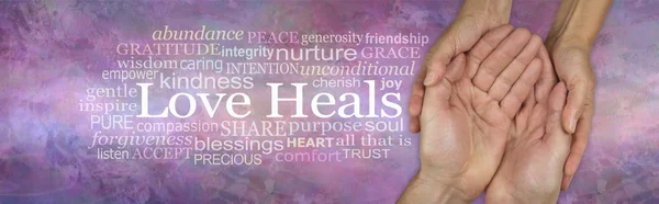 Love Ultimate Healer Word Cloud Female Hands Gently Cupped Male — Stock Photo, Image