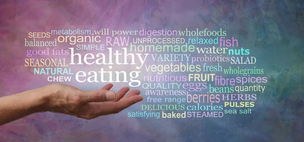 Healthy Eating Word tag Cloud - female hand palm up outstretched with the words HEALTHY EATING floating above surrounded by a relevant word cloud on a pink purple green rustic stone effect background