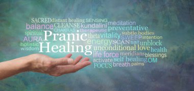 Your body is designed to self heal - try Pranic Healing - female hand with open palm and the words PRANIC HEALING above surrounded by a relevant word cloud on a rustic jade green background clipart
