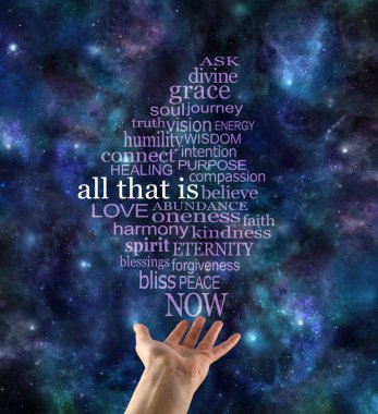 ALL THAT IS word tag cloud deep space background - dark blue night sky with female hand offering an ALL THAT IS word cloud floating up to the top                                 clipart