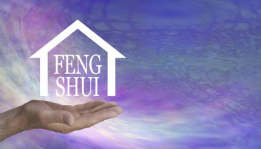 Feng Shui ev Wonders çalışabilirsiniz-bir ev şekli kelime Feng Shui kopya alanı ile bir swishing Lila Pembe psychedelic arka plan karşı yüzen içeren erkek el