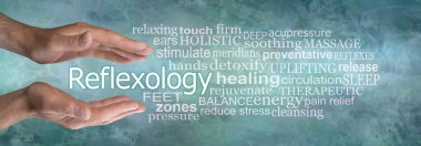 Rustic Masculine Reflexology Word Cloud Banner - pair of male hands cupped around the word reflexology surrounded by a word cloud on a jade green grunge background clipart