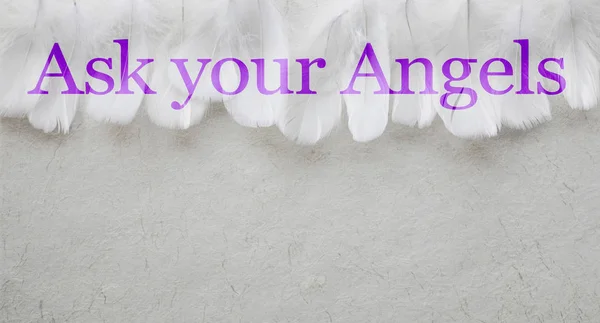 Ask Your Angels White Feather header Background  - a random row of white feathers placed side by side against a pale rustic swirly hand made paper background with copy space beneath