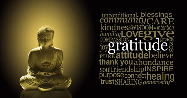 Golden Gratitude Meditating Buddha Banner Buda Posición Loto Con Brillo —  Fotos de Stock