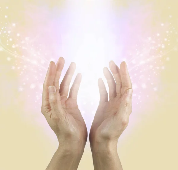 Gentle Healing Resonance Female Cupped Hands Reaching Pale Pink Shower — Stock Photo, Image