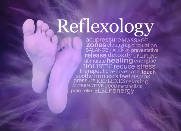 Heiler Purple Feather Reflexology Word Wolke Unterseite Ansicht Von Paar — Stockfoto