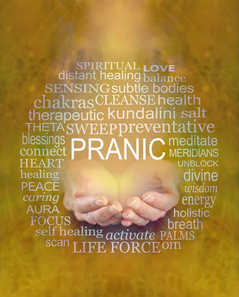 Ofreciendo Pranic Healing Word Tag Cloud Hembra Con Palabra Pranic — Foto de Stock