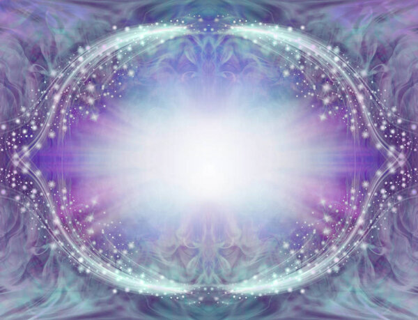 Blue Purple Sparkling Angelic Border Frame - central light burst surrounded by symmetrical oval sparkling white border with pink purple edging