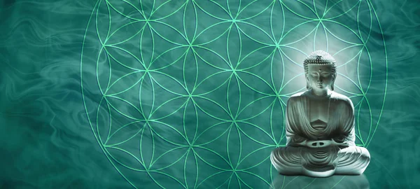 Нефритовый Будда Медитирует Цветок Жизни Позиция Лотоса Будда Справа Нефритовым — стоковое фото
