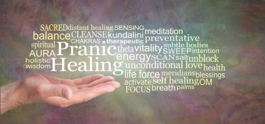 Rustik Pranic Healing Word Tag Cloud - açık palmiye ve rustik dünyevi doğal arka plan üzerinde ilgili bir kelime bulut ile çevrili yukarıda kelime Pranic Healing ile erkek el