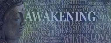 Buddha Ruhsal Uyanış Word Tag Cloud - Deity Buddha kafa rustik mavi arka plan üzerinde bir kelime bulut ile çevrili yanında kelime Awakening ile sol 