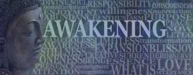 Buddha Spiritual Awakening Word Tag Cloud - Deity Buddha head on left with the word AWAKENING beside surrounded by a word cloud on a rustic blue background  clipart