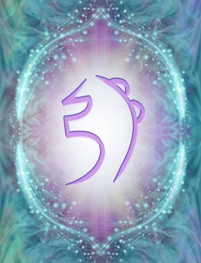 Reiki Symbol - Sei he ki: Armoni sembolü - soluk leylak yayılan ışık ile pırıl pırıl bir yeşim sınır karşı kabartmalı leylak renkli Reiki Sembolü 