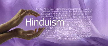 Aspects of Divine Hinduism Word Tag Cloud - female hands cupped around the word HINDUISM surrouned by a word cloud against a purple flowing chiffon background clipart